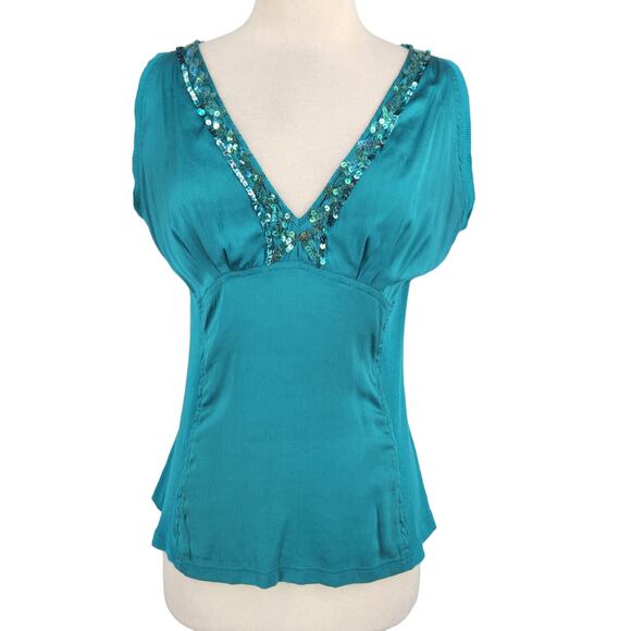 Vintage Silk Tank With Ribbed  Inserts & Beads Blue Medium - Picture 1 of 5